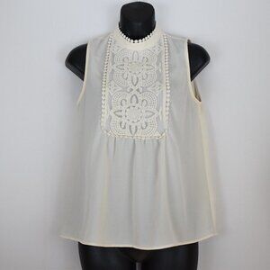 Monteau Sleeveless Embroidered Bib Blouse Womens S Ivory Modest High Neckline